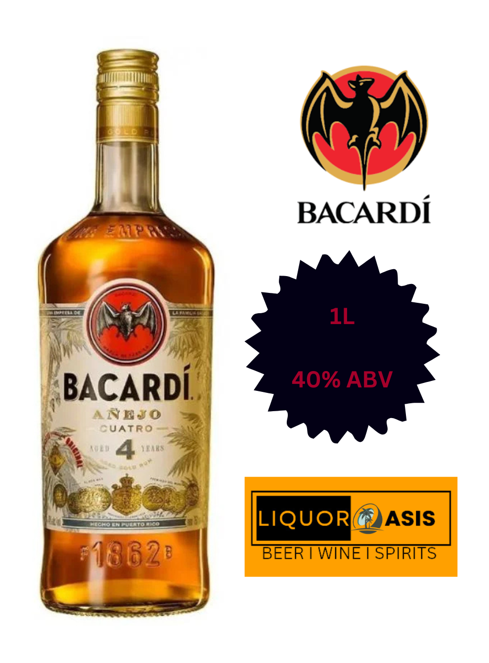 Bacardi - Anejo Cuatro Aged 4 Years Gold Rum (1000mL)